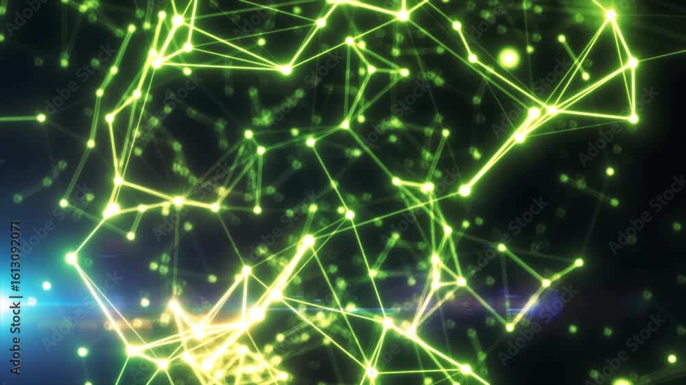 Poster neon green network structure with interconnected points glowing in space-like darkness and bright li