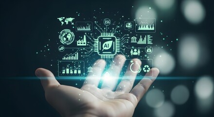 Hand holding glowing digital interface with charts and icons