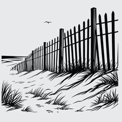 beach fence line image silhouette design vector art and illustration