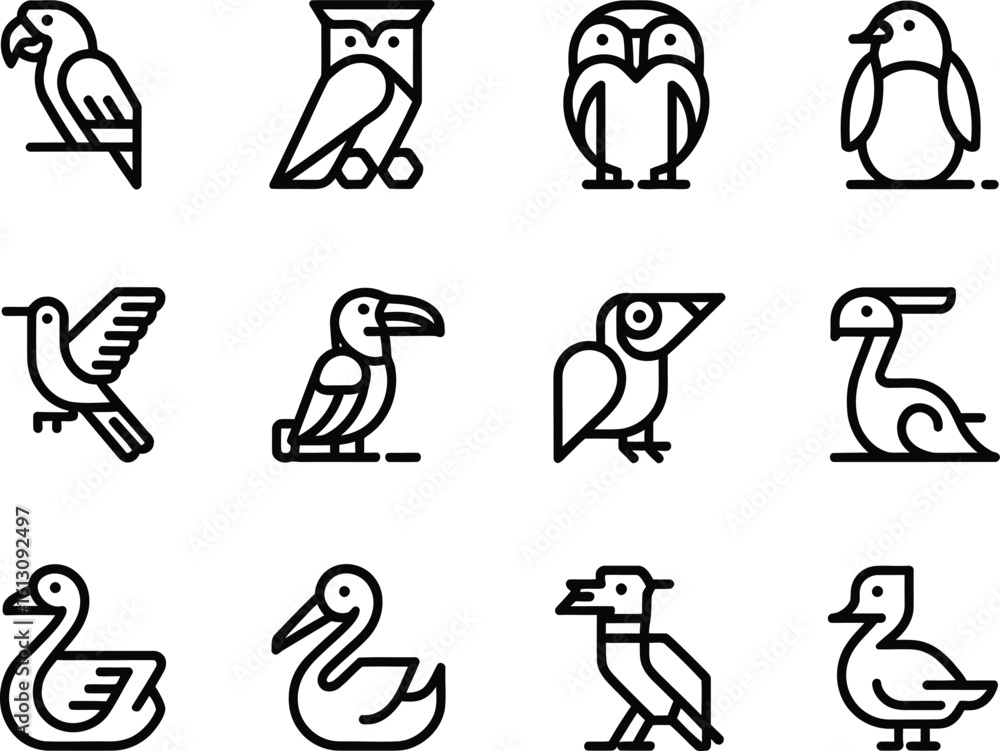 Poster collection of twelve distinct bird icons in a simple line art style