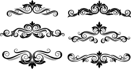 Collection of decorative ornamental swirls borders, flourishes and dividers ornate tribal elements in black on white background 