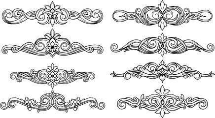 Fototapeta premium Collection of decorative ornamental swirls borders, flourishes and dividers ornate tribal elements in black on white background 