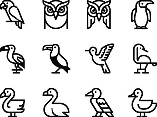 Fototapeta premium Collection of stylized line art icons representing various bird species in a simple graphic design