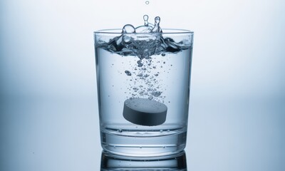 Clear Glass of Water with Ice Cube Falling in High Contrast Studio Lighting