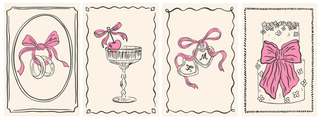 Hand drawn chalk wedding posters. Vintage frames with ribbon, bow. Coquette aesthetics elements for wedding invitations, menu and party. Ink doodle sketch style Minimalist coquette vector borders.
