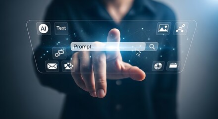 Person interacting with a futuristic digital search interface