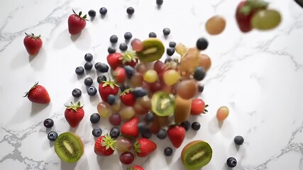 An assortment of fresh fruits including strawberries, blueberries, grapes, and kiwi are scattered and suspended in mid-air above a white marble surface. - Powered by Adobe