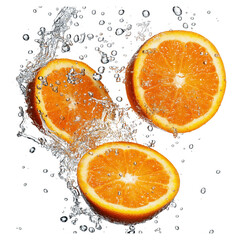 Freshly sliced oranges with water splash floating against a dark transparent background