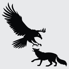 Eagle grabbing fox’s tail from the sky image silhouette design vector art and illustration