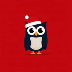 Cute cartoon owl wearing Santa hat on a bright red background celebrates Christmas joyfully