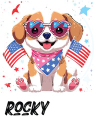 Kawaii Patriotic Puppy with Heart Sunglasses and American Flags &ndash; Cute Sticker-Style Illustration 