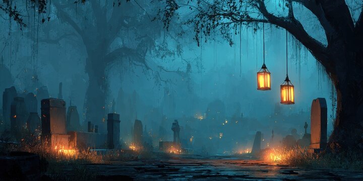 A mystical graveyard scene at night features ancient tombstones and glowing lanterns hanging from a large tree shrouded in eerie fog.