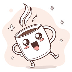 A happy coffee cup character dancing with sparkles and steam