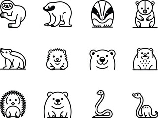 Obraz premium Collection of cute hand drawn cartoon animal illustrations in black and white outline style