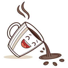 A happy cartoon coffee cup character spilling coffee and beans