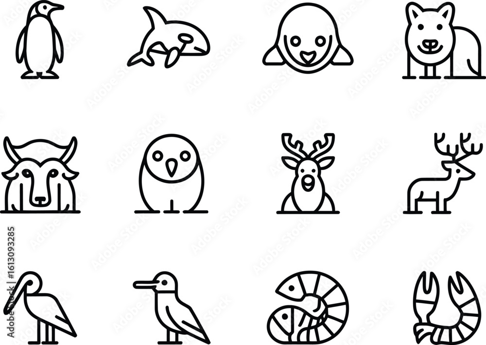 Poster collection of simple line art icons representing various animals from different ecosystems