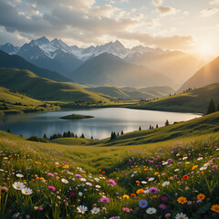Majestic Alpine Sunrise Over Wildflower Meadow and Serene Lake in Springtim
