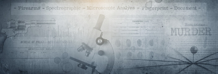 Сlippings of crime news, police fingerprint are placed on a vintage background. Retro background on the theme of detective, investigation.