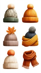 Variety of cozy winter hats and scarves displayed in an artistic arrangement