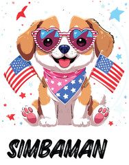 Kawaii Patriotic Puppy with Heart Sunglasses and American Flags &ndash; Cute Sticker-Style Illustration 