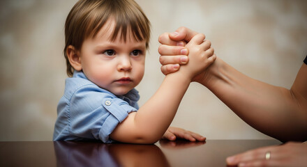 Intense Arm Wrestling Match Between Child and Adult