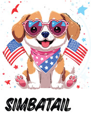 Kawaii Patriotic Puppy with Heart Sunglasses and American Flags – Cute Sticker-Style Illustration 