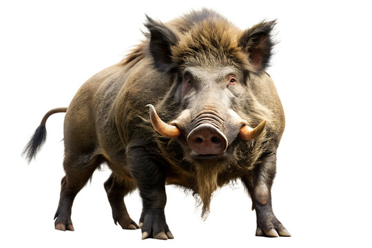 A powerful wild boar with large tusks and coarse fur stands facing forward, isolated on a transparent background