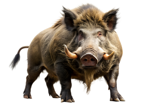 A powerful wild boar with large tusks and coarse fur stands facing forward, isolated on a transparent background