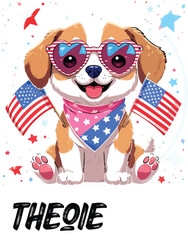 Kawaii Patriotic Puppy with Heart Sunglasses and American Flags – Cute Sticker-Style Illustration 