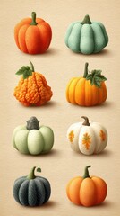 Colorful variety of pumpkins displayed on a soft textured background during autumn season