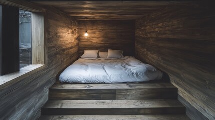 Cozy, rustic bedroom with bed on a raised platform. Dim lighting and wood paneling create an inviting atmosphere. A window is visible
