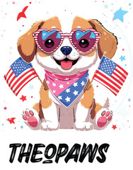 Kawaii Patriotic Puppy with Heart Sunglasses and American Flags – Cute Sticker-Style Illustration 