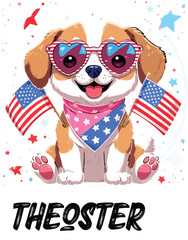Kawaii Patriotic Puppy with Heart Sunglasses and American Flags – Cute Sticker-Style Illustration 