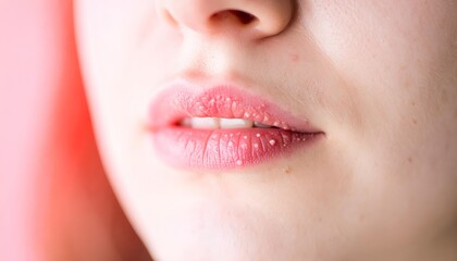 Close Up Of Woman's Chapped Lips, Pink Background, Close-up of Skin Disease