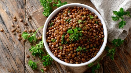 Fototapeta premium A bowl of healthy lentils garnished with fresh parsley, set on a rustic wooden table, perfect for nutritious meals.