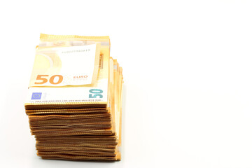 A bundle of 50 euro bills, white background, space for text.