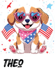 Kawaii Patriotic Puppy with Heart Sunglasses and American Flags – Cute Sticker-Style Illustration 