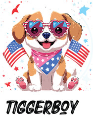 Kawaii Patriotic Puppy with Heart Sunglasses and American Flags – Cute Sticker-Style Illustration 