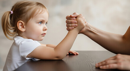 Intense Arm Wrestling Match Between Child and Adult