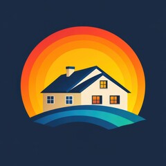 Warm sunset behind a cozy house with colorful circular waves in the background