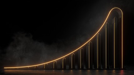 Luxurious golden 3D line chart moving upward with glowing reflections on black background