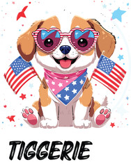 Kawaii Patriotic Puppy with Heart Sunglasses and American Flags – Cute Sticker-Style Illustration 
