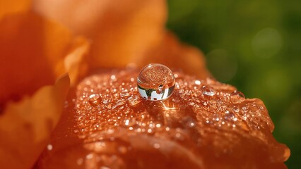 Macro Photography of a Dew Drop on Orange Flower Petal with Green Background and Light Reflection in Nature