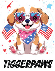 Kawaii Patriotic Puppy with Heart Sunglasses and American Flags – Cute Sticker-Style Illustration 