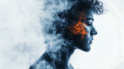 Serene Woman, Smoke and Fire, Abstract Portrait, Moody, Blue Tones