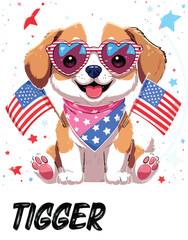 Kawaii Patriotic Puppy with Heart Sunglasses and American Flags – Cute Sticker-Style Illustration 