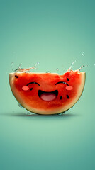 Joyful Watermelon Slice with Animated Face and Splashing Water on Teal Background.