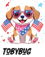 Kawaii Patriotic Puppy with Heart Sunglasses and American Flags – Cute Sticker-Style Illustration 