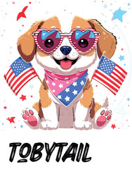 Kawaii Patriotic Puppy with Heart Sunglasses and American Flags – Cute Sticker-Style Illustration 