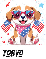 Kawaii Patriotic Puppy with Heart Sunglasses and American Flags – Cute Sticker-Style Illustration 